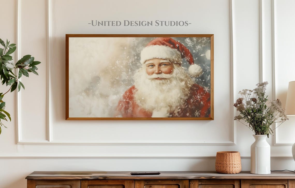 Neutral Vintage Santa Claus Portrait Snowflakes Christmas Art Print - Image 3