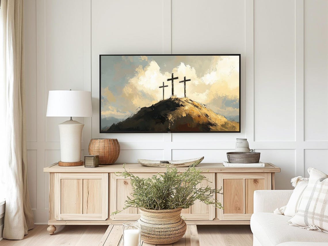 Three Crosses On Calvary Hill Golden Clouds Easter Christian Poster - Image 4