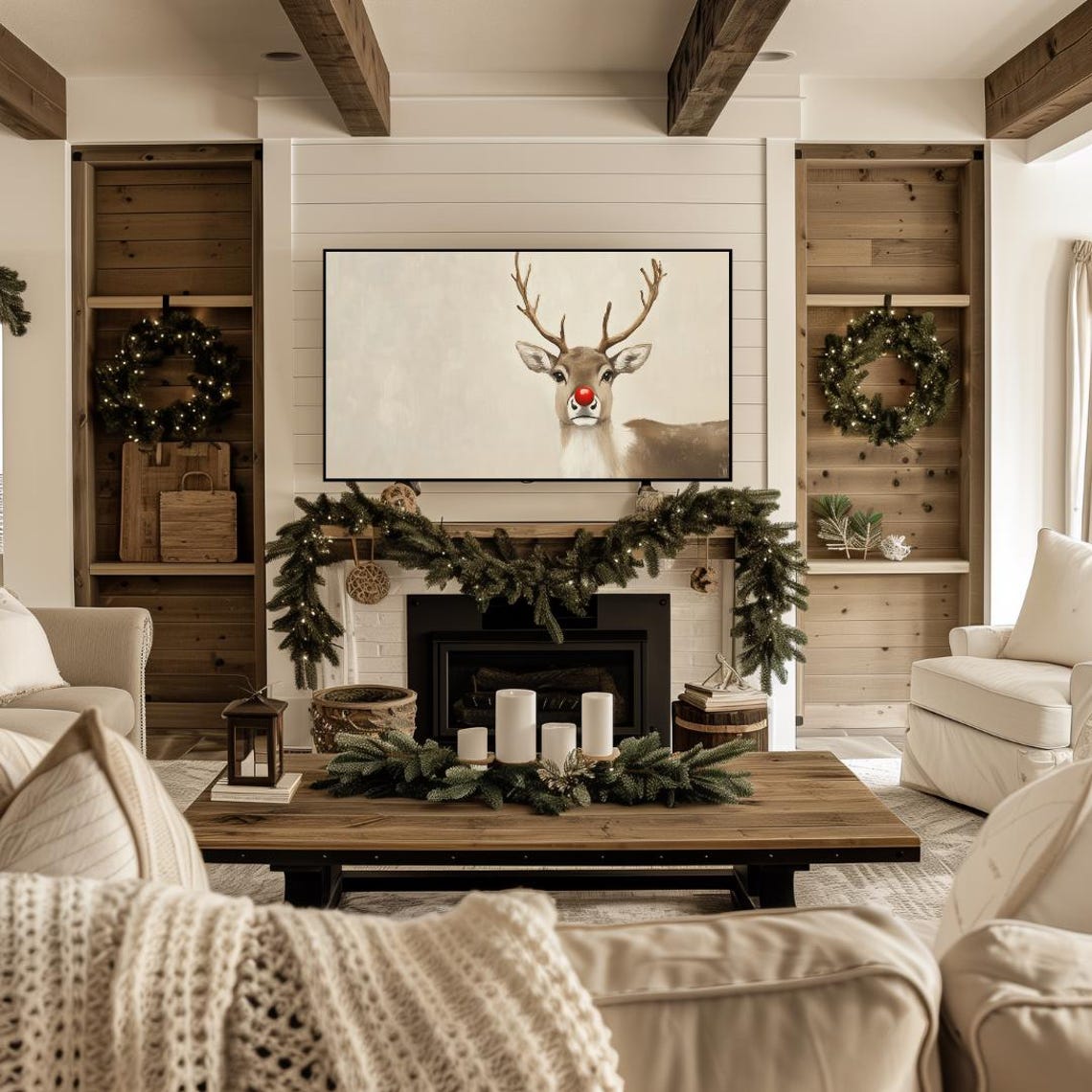 Christmas Reindeer Frame Tv Art Neutral Oil Painting Of Reindeer Christmas Frame Tv Art Farmhouse Christmas Tv Art - Image 4