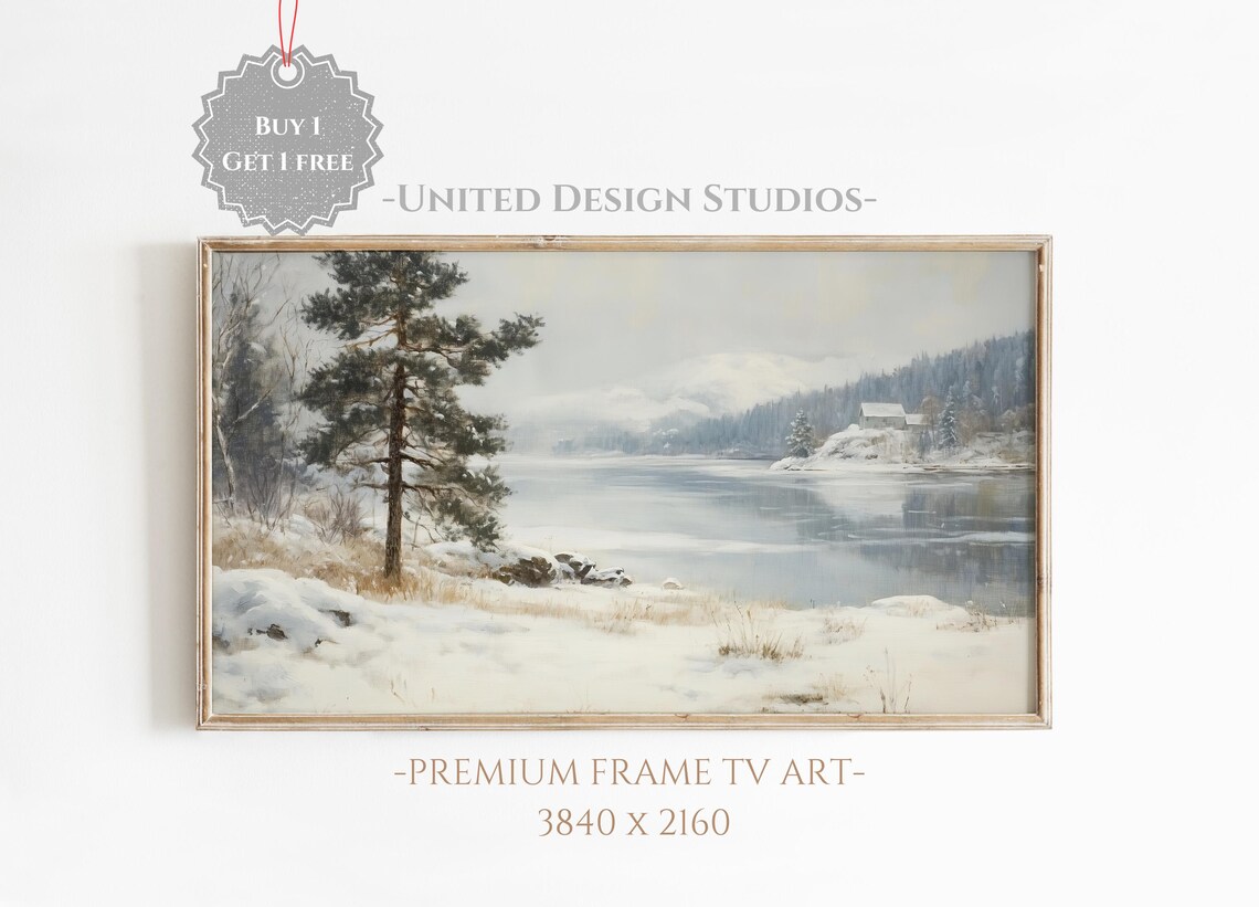 Winter Lake Landscape Rustic Holiday Art Print