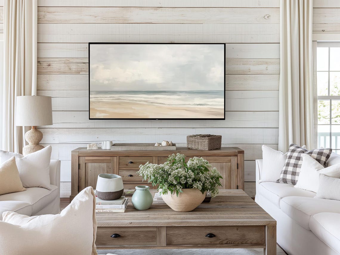 Serene Neutral Seascape Beach Painting Soft Ocean Waves Sky Poster - Image 3