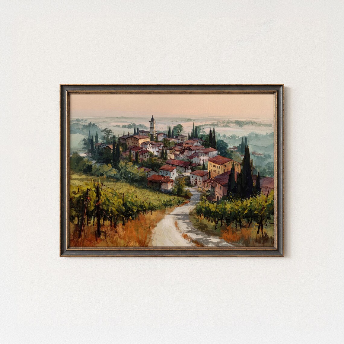 Tuscan Village Morning Mist Vineyard Italy Countryside Art Poster