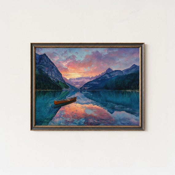 Lake Louise Sunset Print Banff Canoe Reflection Fine Art Decor