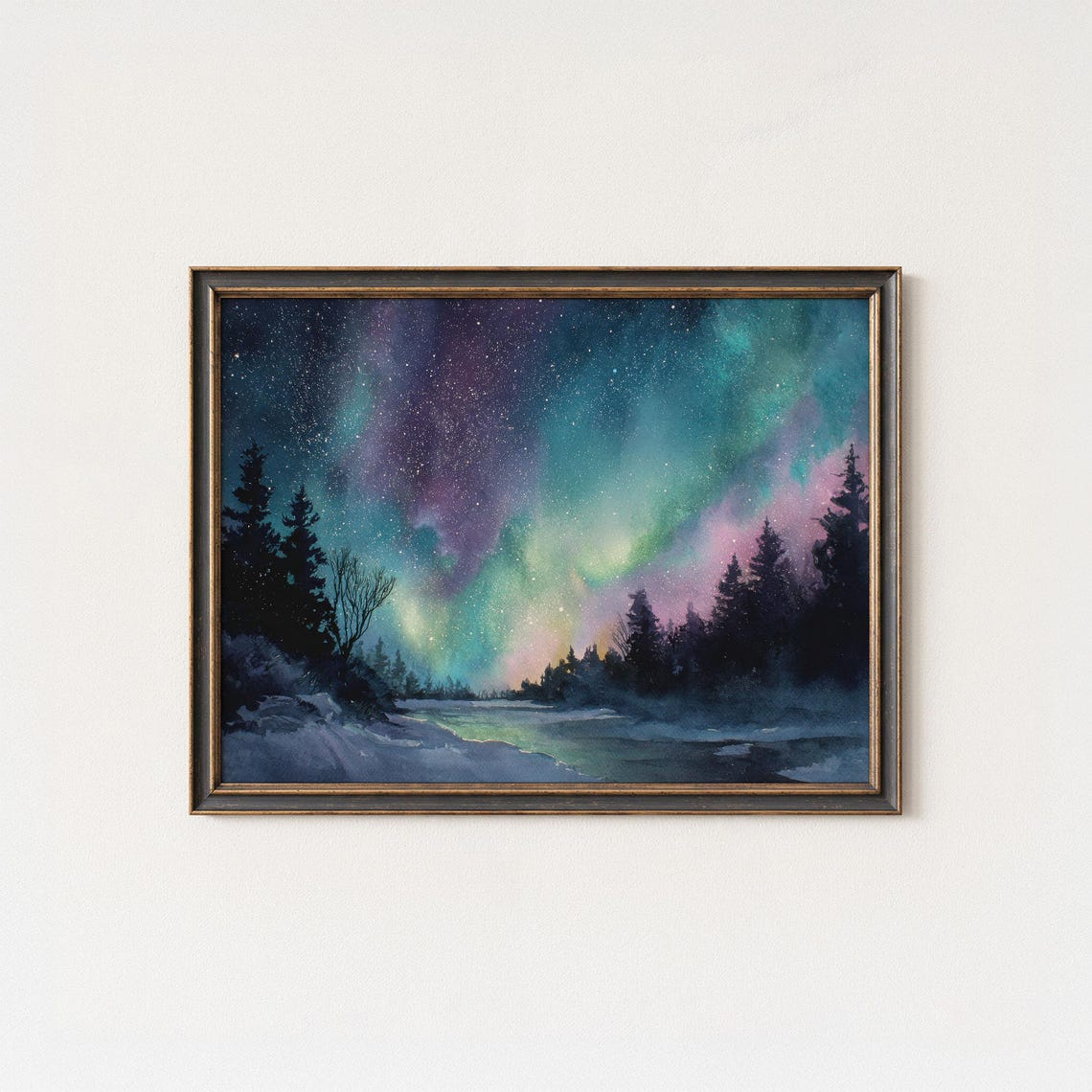 Aurora Borealis Northern Lights Forest Lake Watercolor Poster
