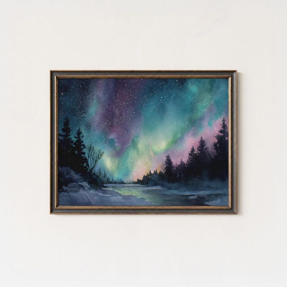 Aurora Borealis Forest Print Northern Lights Winter Landscape Art