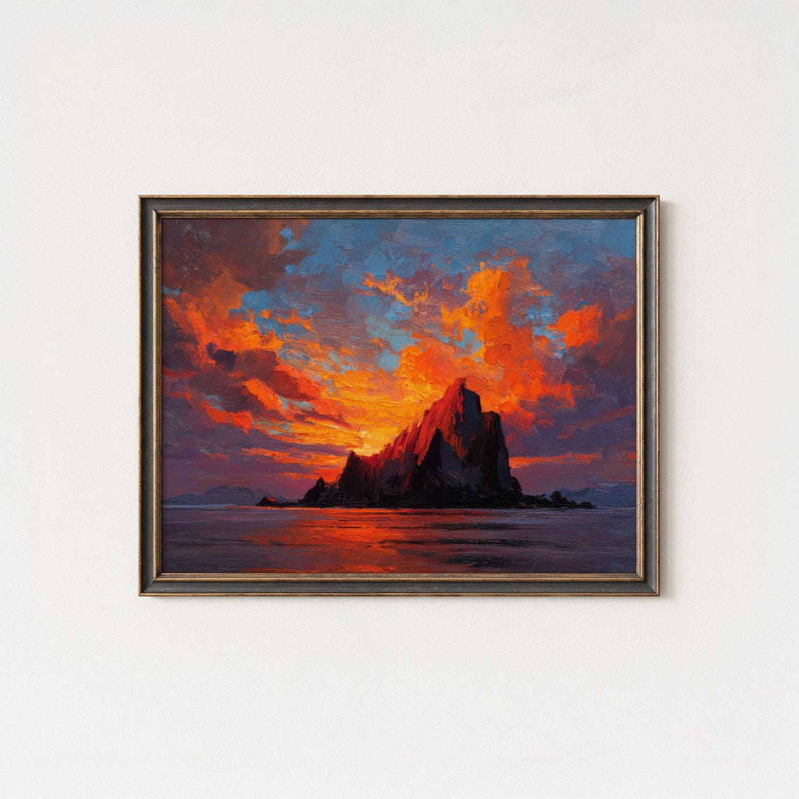 Fiery Sunset Over Rocky Island Peak Dramatic Seascape Art Poster
