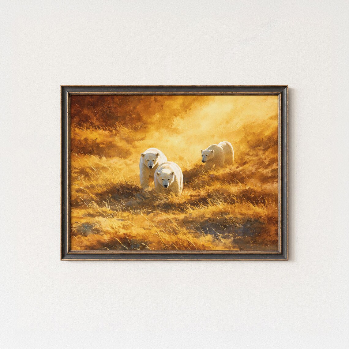 Polar Bear Family Golden Tundra Sunset Arctic Wildlife Art Poster