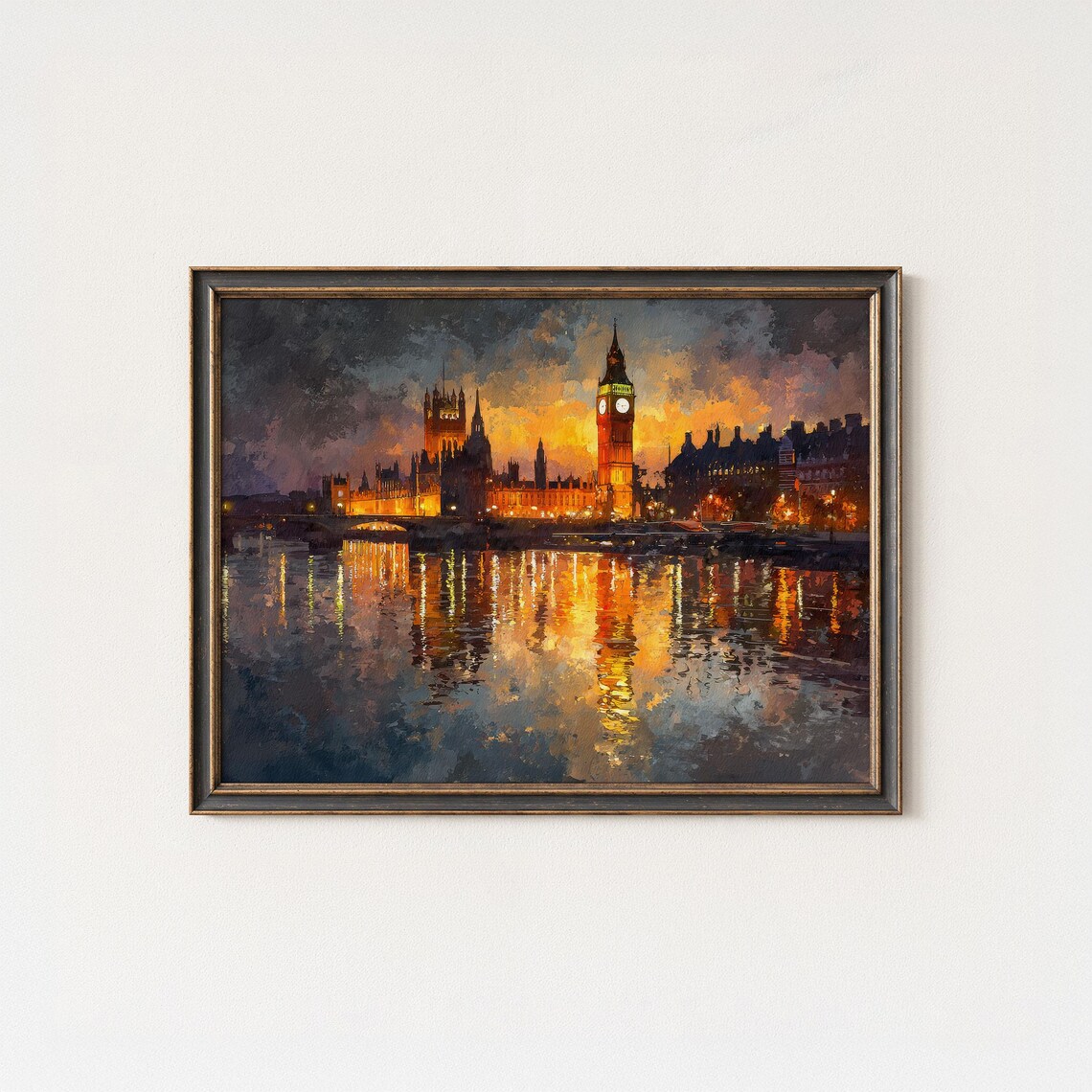 Big Ben Houses of Parliament Night Lights Thames Oil Painting Poster