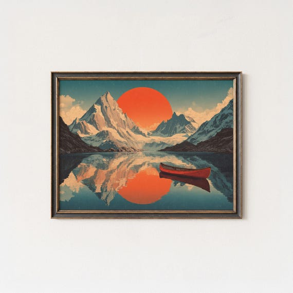 Mountain Lake Wall Art Retro Travel Poster Print Red Canoe Orange Sun Landscape Cinematic Minimalist Nature Home Decor