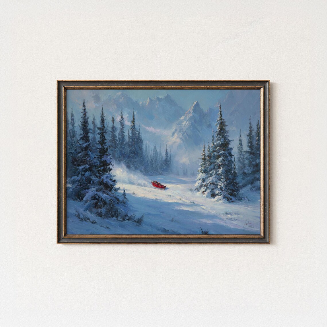 Winter Sleigh Ride, Snowy Mountain Landscape Print