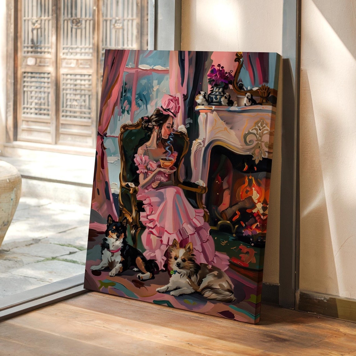 Lady Drinking Tea by a Crackling Fireplace With Two Dogs Poster