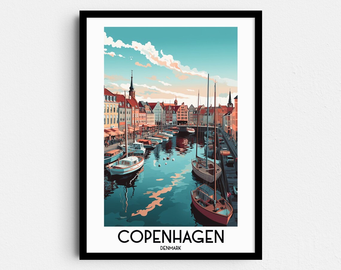 Copenhagen Denmark Nyhavn Harbor Sailboats Vintage Travel Poster