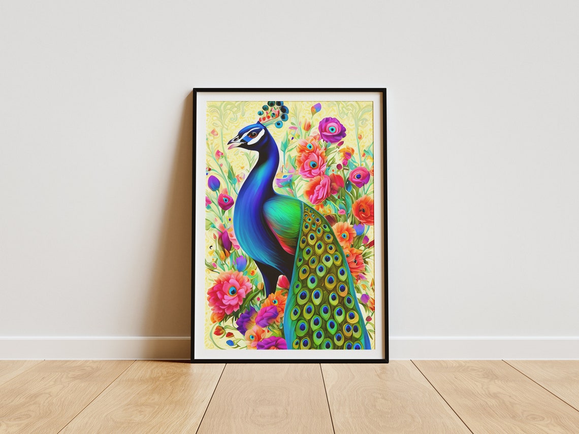 Majestic Colorful Peacock With Exotic Flowers Illustration Poster