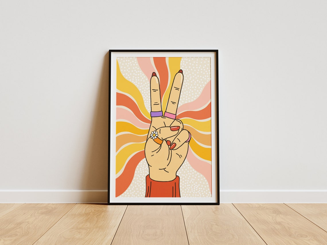 Groovy Retro Peace Sign Hand Warm Sunburst Wall Poster Art Decor