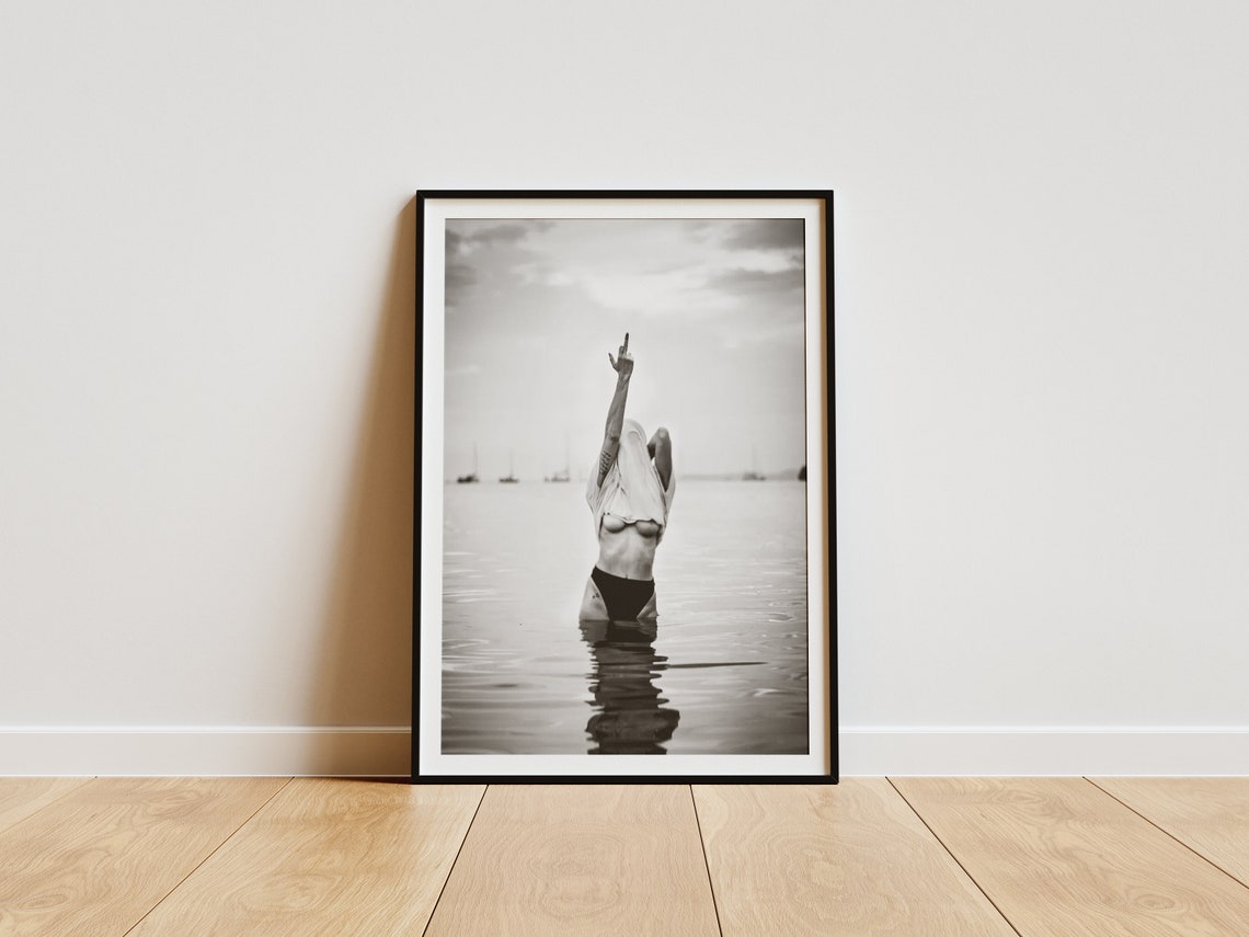 Artistic Black and White Headstand in Water Photography Poster