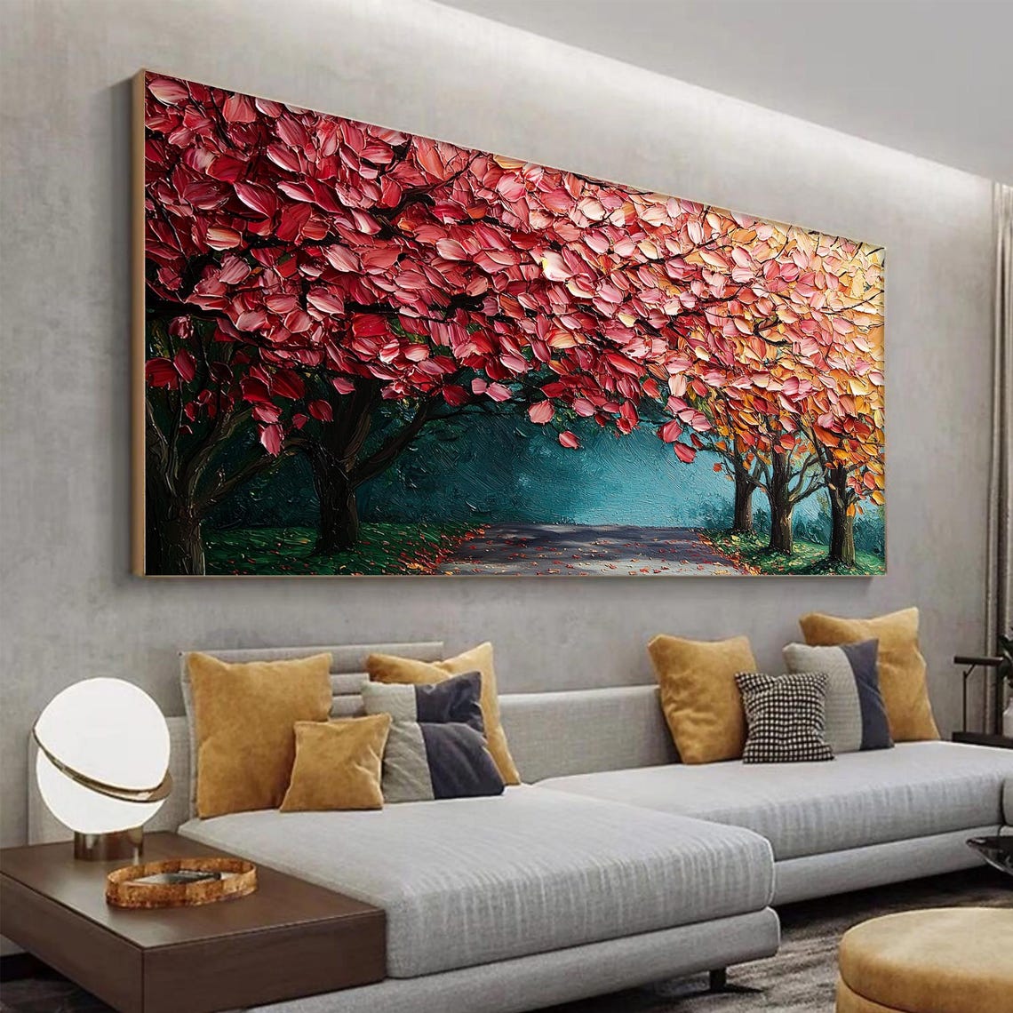 Red Autumn Tree Canopy Path Impasto Fall Landscape Art Poster - Image 3