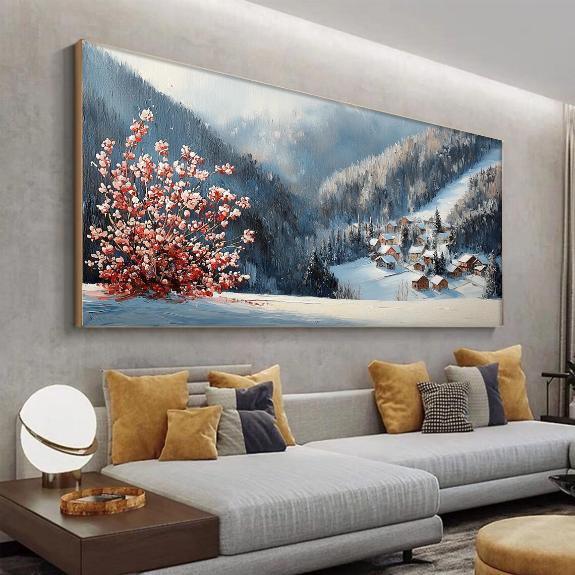 Snowy Village Pink Blossom Tree Winter Landscape Impasto Art Poster - Image 3
