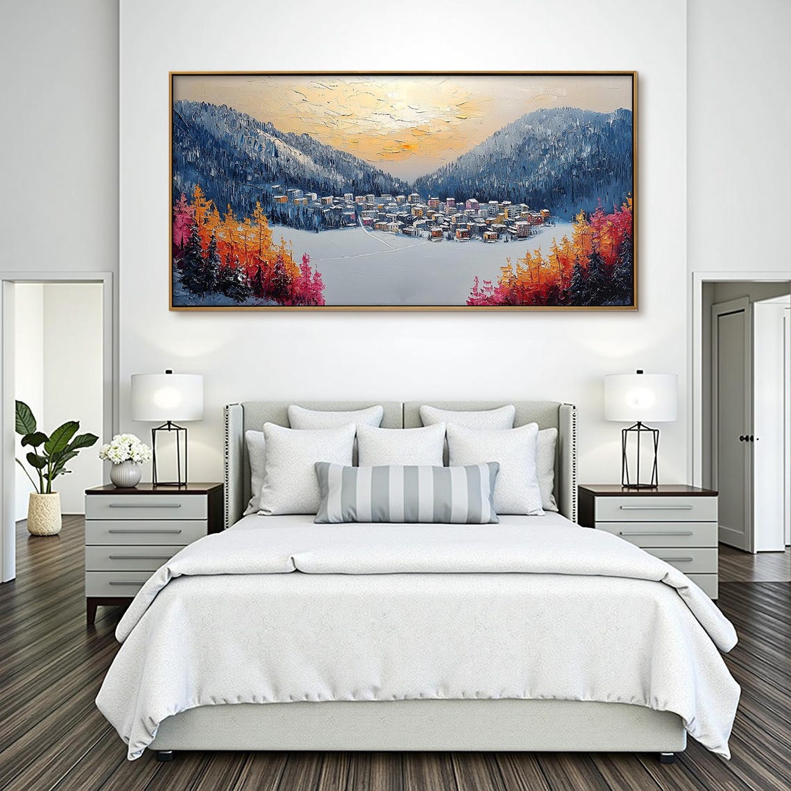 Snowy Mountain Village Golden Larch Sunset Impasto Winter Art Poster - Image 2