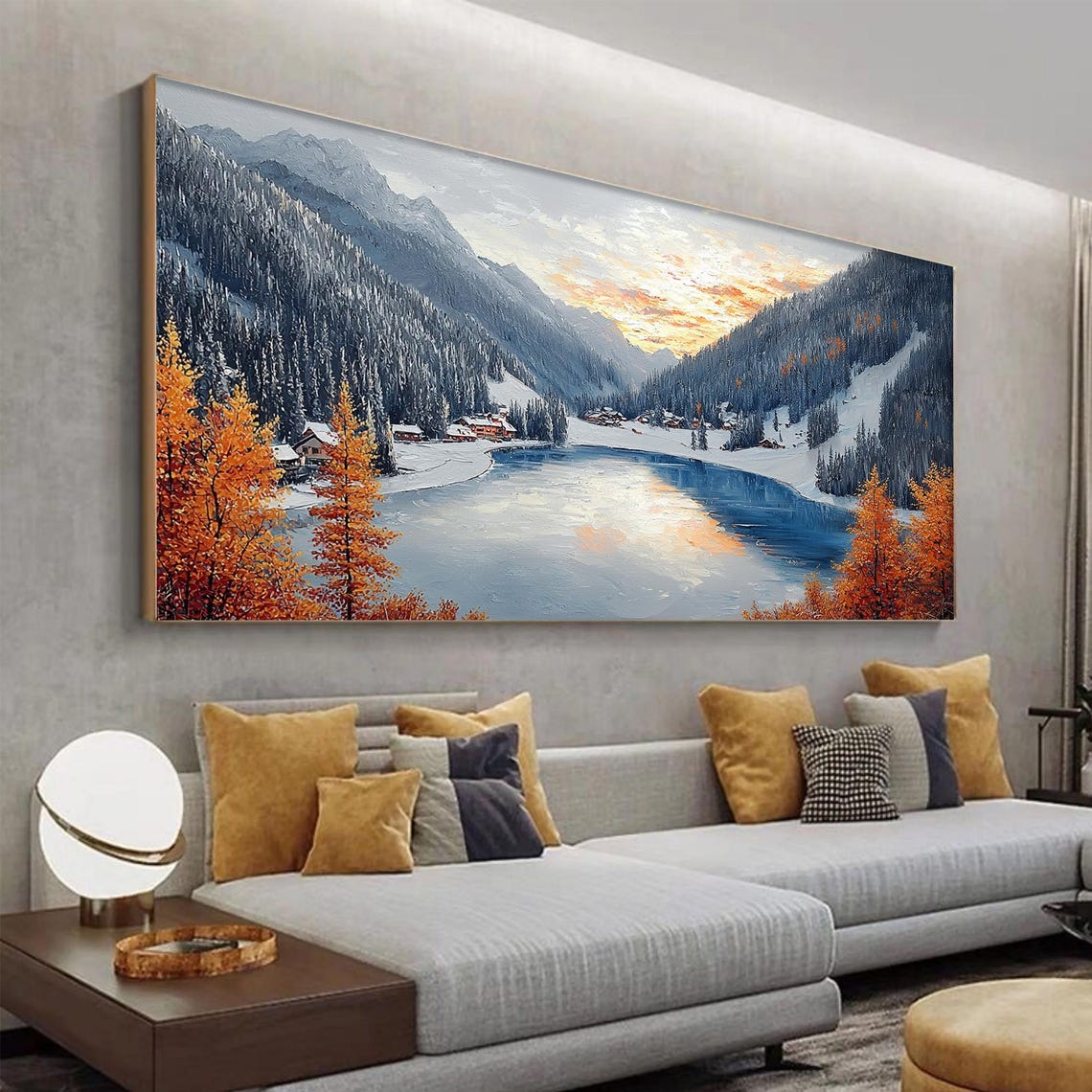 Alpine Lake Sunset Orange Larches Snow Village Impasto Art Poster - Image 4