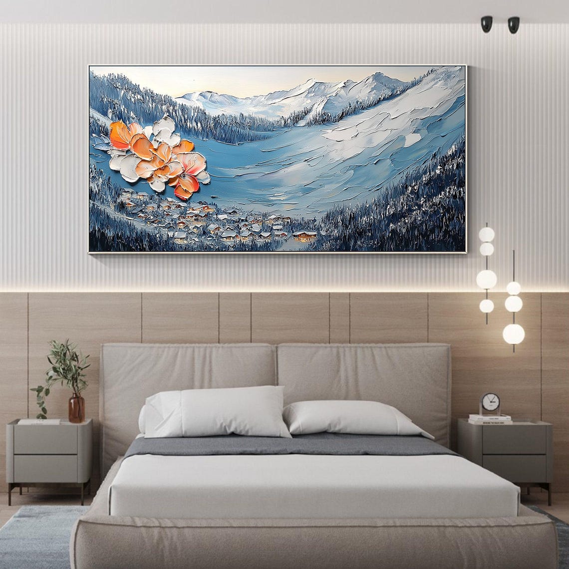 Snowy Mountain Village Giant Orange Flower Impasto Winter Art Poster - Image 2