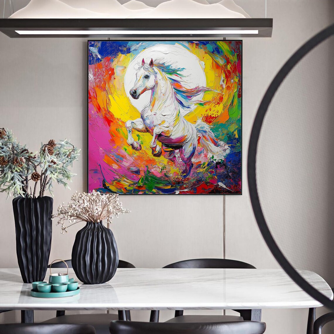 White Horse Rainbow Burst Moon Impasto Abstract Animal Art Poster - Image 3