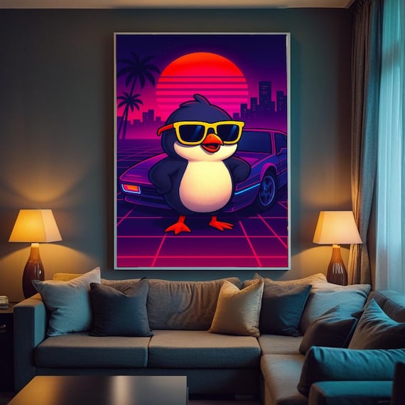Funny Synthwave Penguin Sunglasses Retro Car 80s Neon Pop Art Poster
