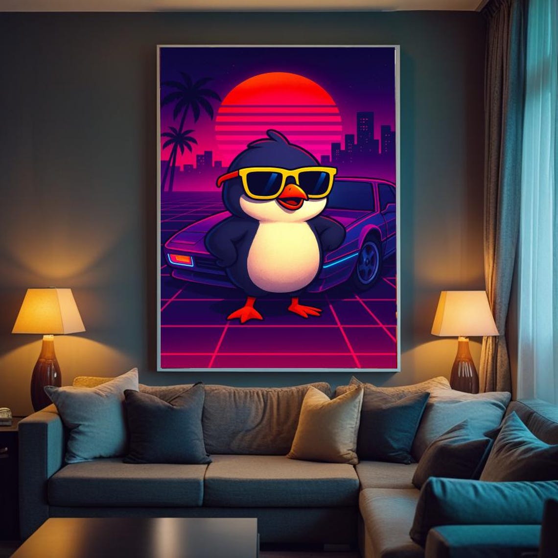 Funny Synthwave Penguin Sunglasses Retro Car 80s Neon Pop Art Poster