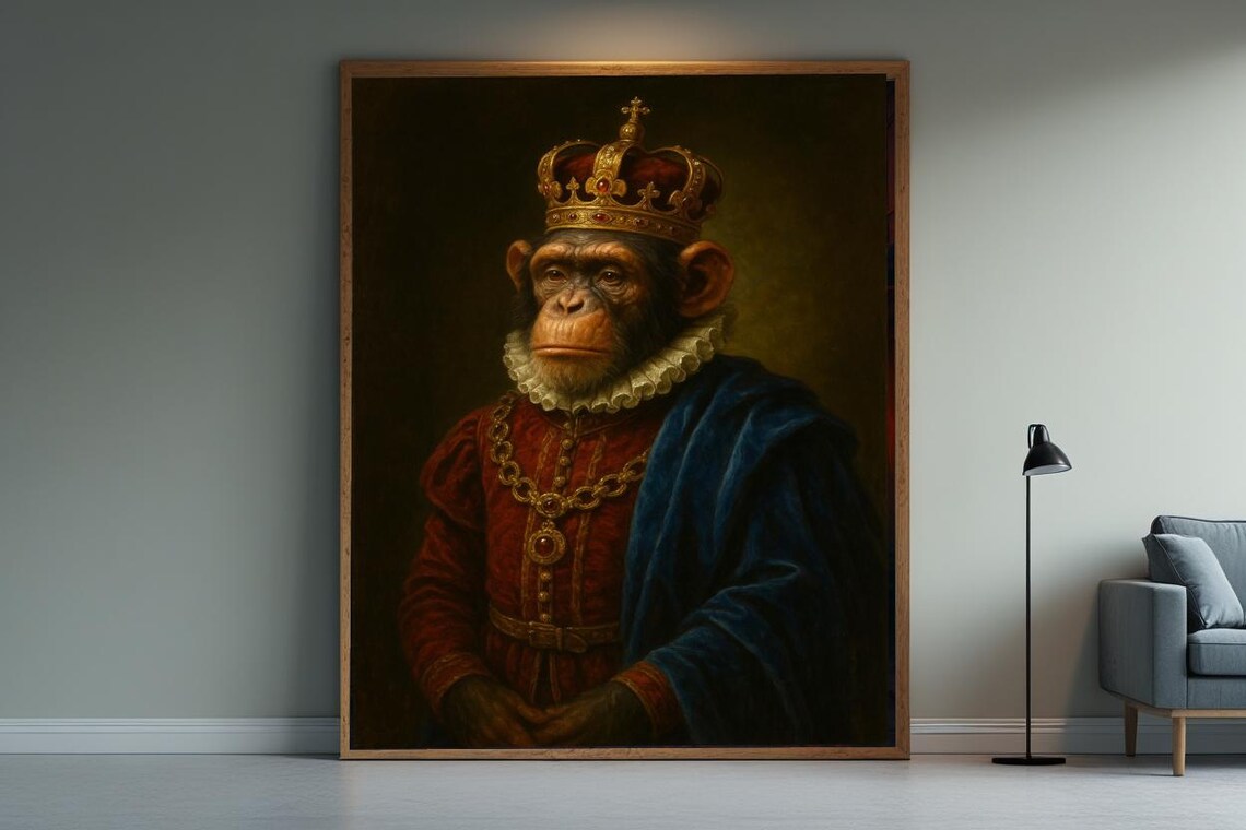Royal Chimpanzee Crown Portrait Classical Oil Painting Poster
