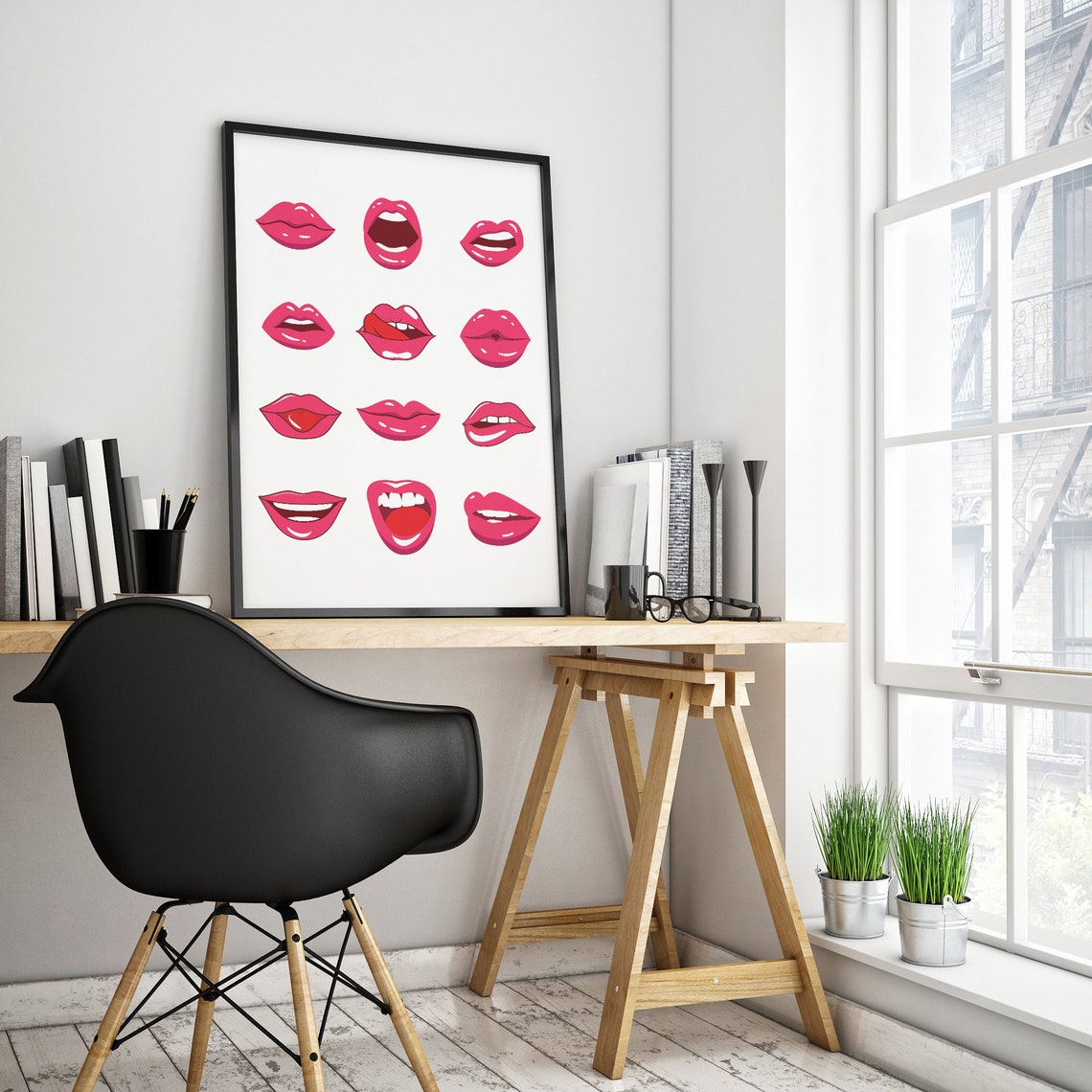 Chic Pop Art Red Lips Collage Glossy Fashion Beauty Salon Poster - Image 3