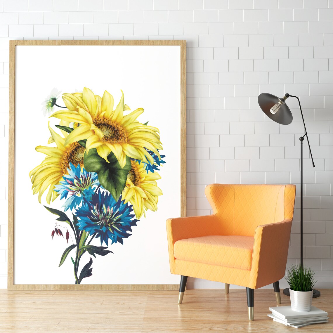 Sunflowers And Blue Cornflowers Botanical Vintage Floral Art Poster
