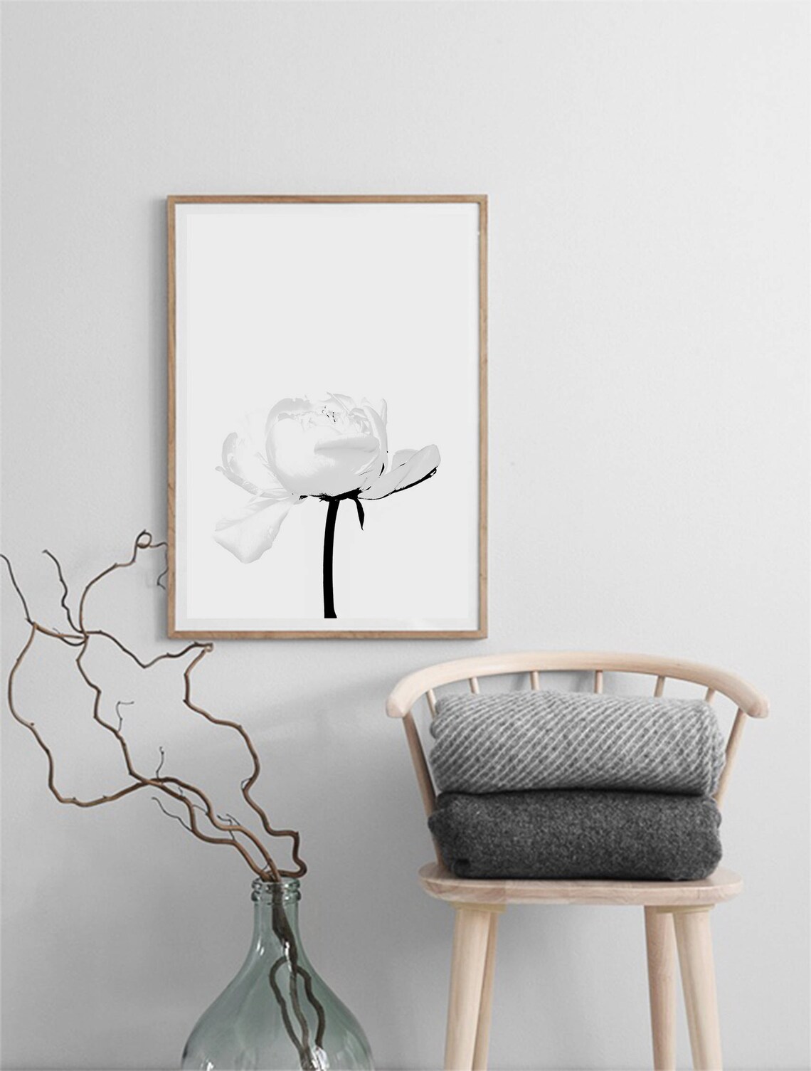 White Peony Minimalist Black and White Flower Botanical Art Poster - Image 3