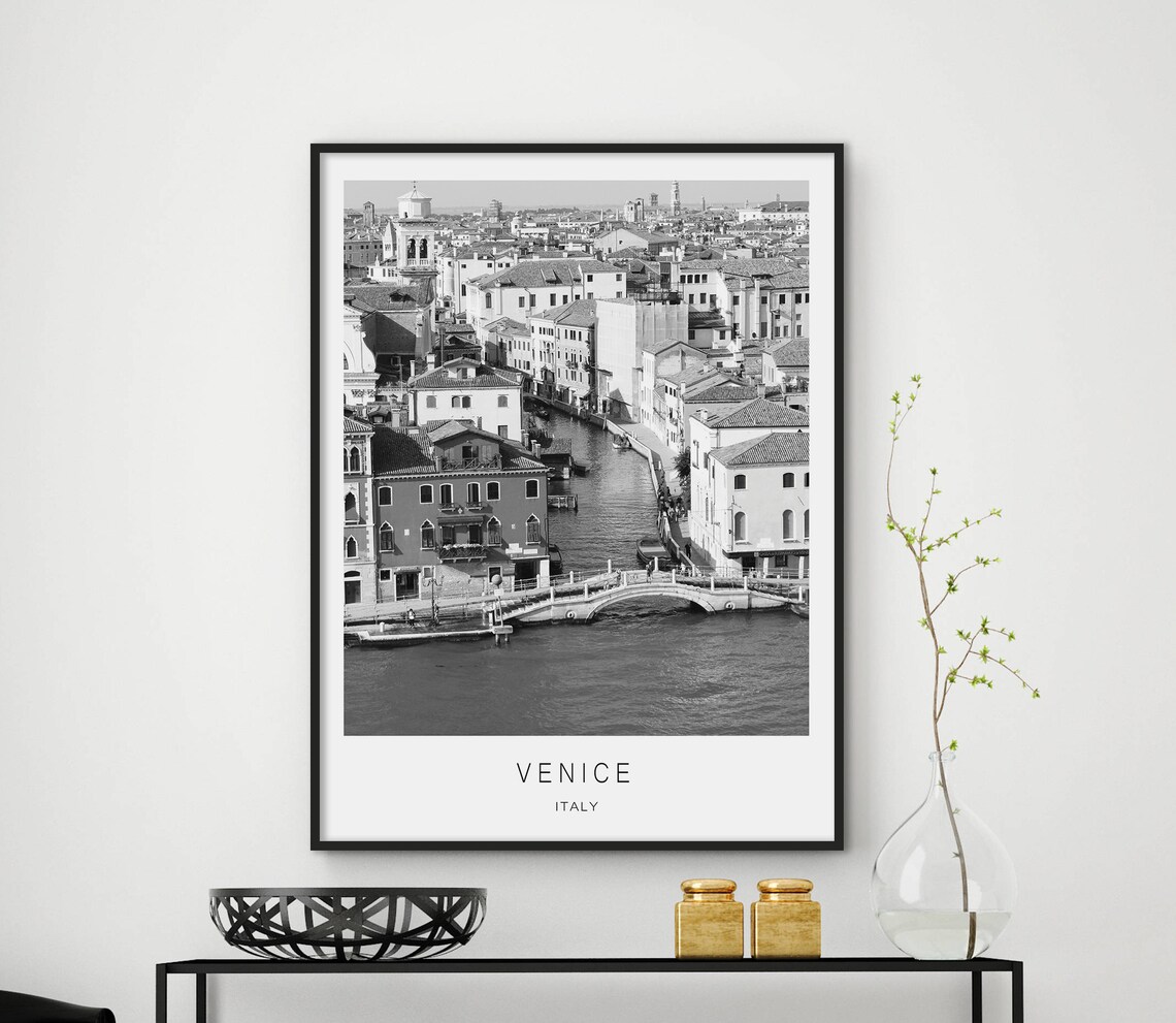 Venice Italy Black and White Canal and Bridge Photography Poster