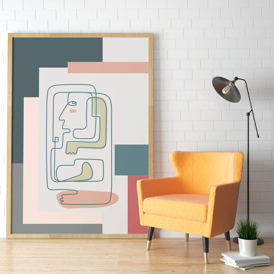 Abstract Geometric One Line Face Mid Century Modern Art Poster