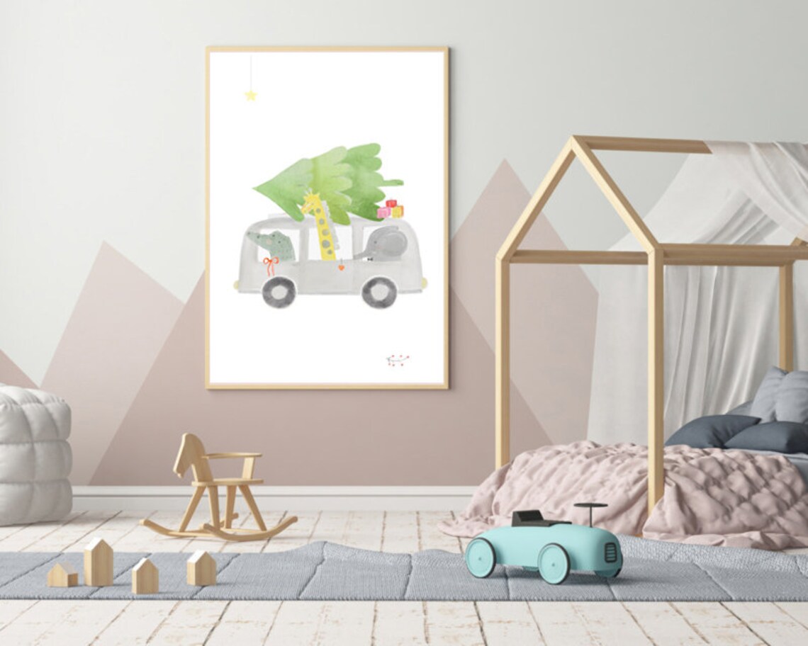 Christmas Animals Bus Tree Watercolor Kids Holiday Party Poster - Image 2