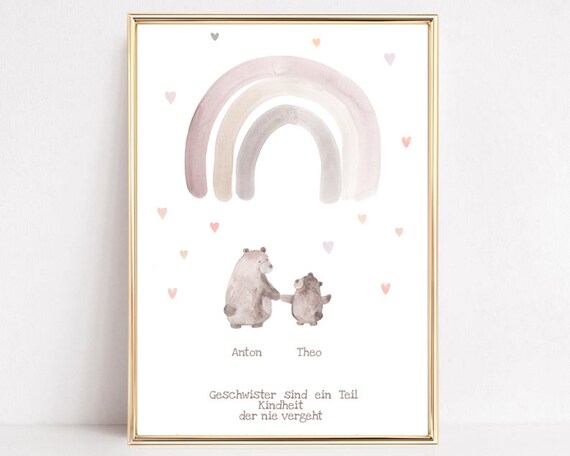 Anton Theo Personalized Sibling Rainbow Bear Nursery Gift Poster