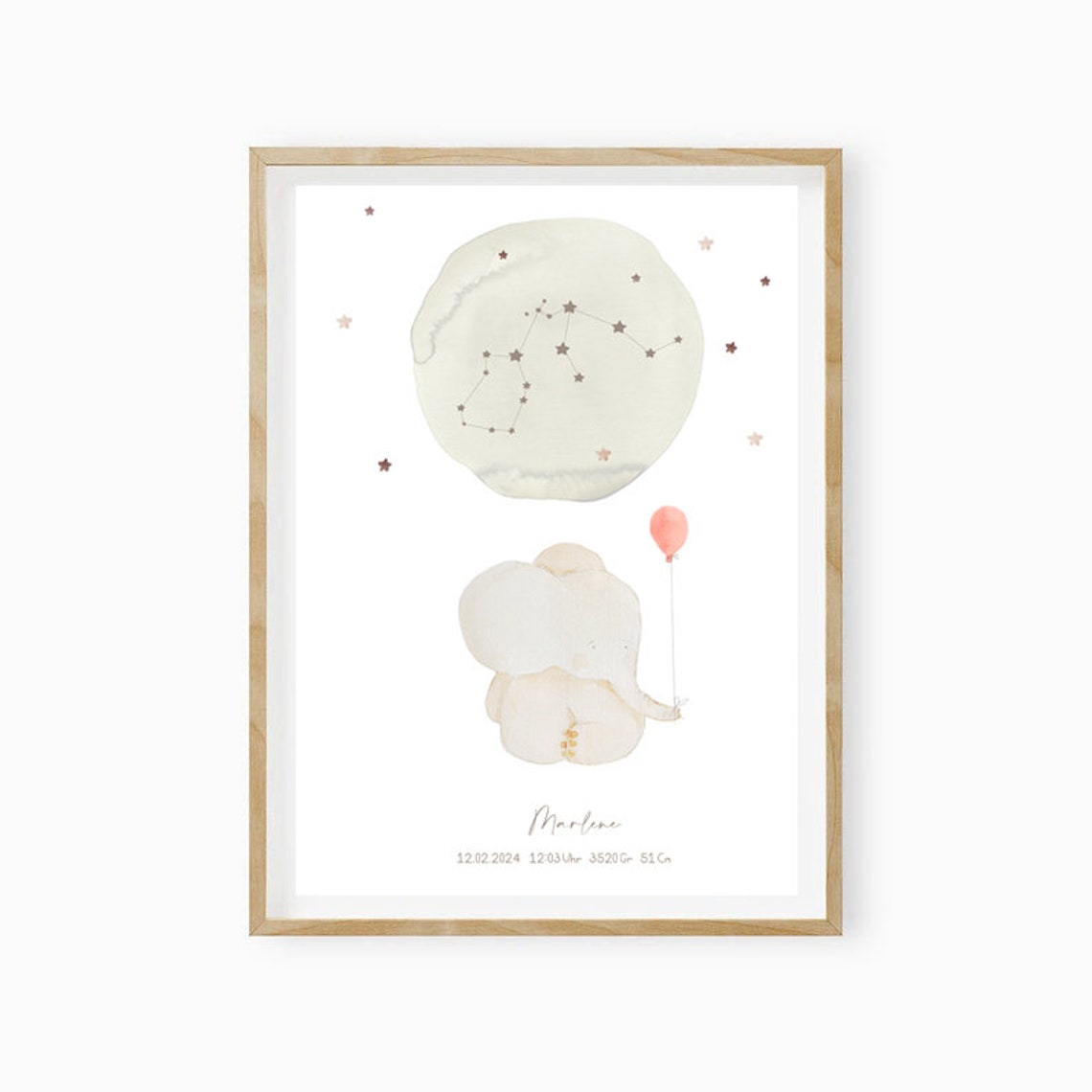 Marlene Personalized Starry Moon Elephant Balloon Birth Print