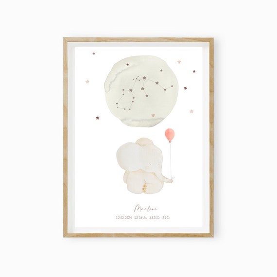 Birth Announcement Little Elephant Childrens Room Zodiac Sign Picture Birth Gift Baptism Gift Birth Gift Personalized