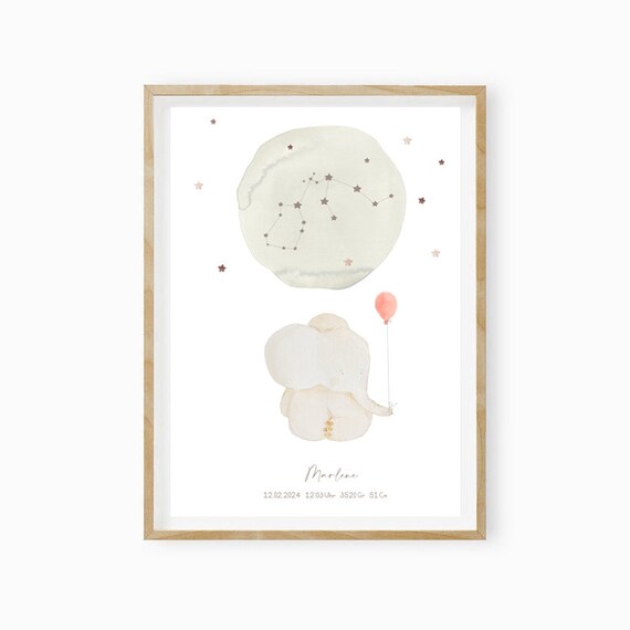 Marlene Personalized Starry Moon Elephant Balloon Birth Print