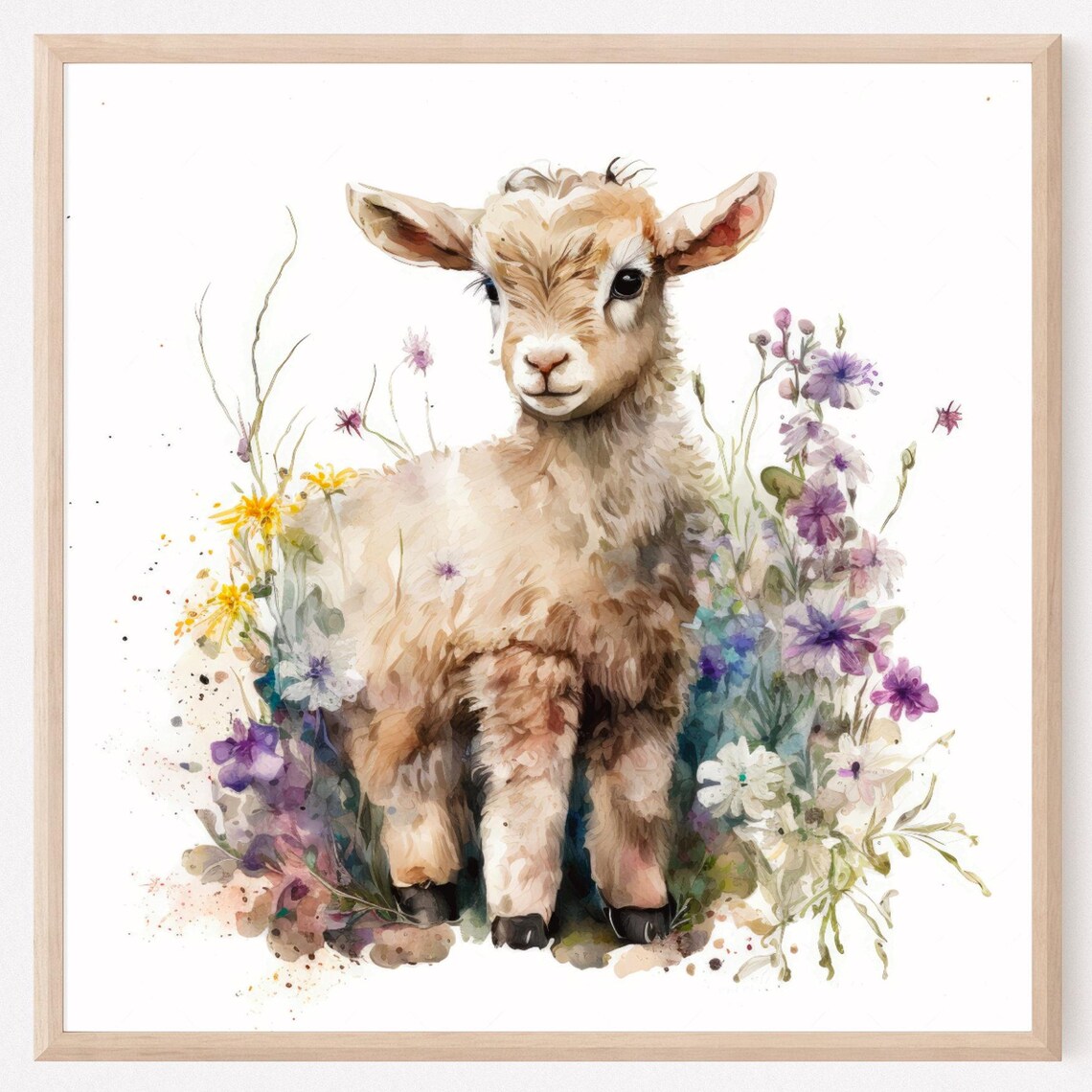 Watercolor Baby Goat With Wildflowers Nursery Animal Art Poster