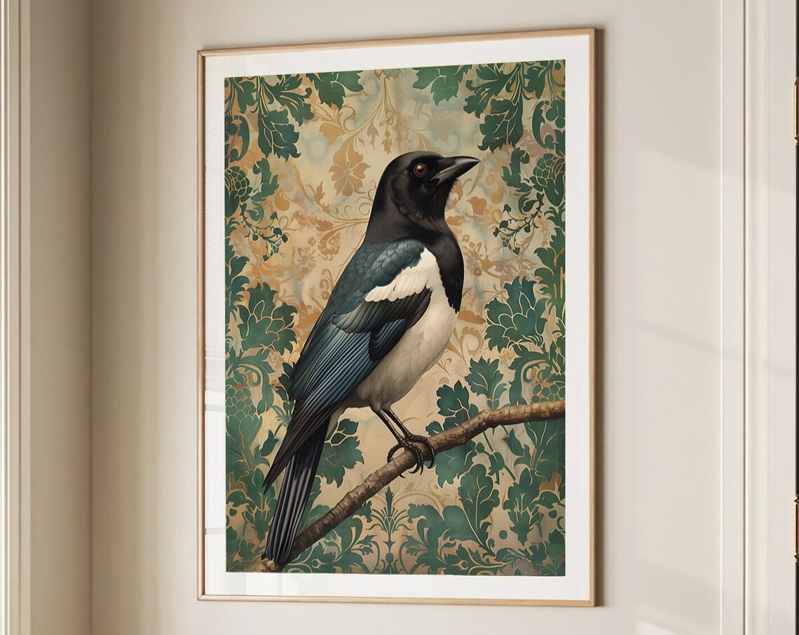 Magpie Bird Perched Among Green Foliage Vintage Botanical Poster - Image 4