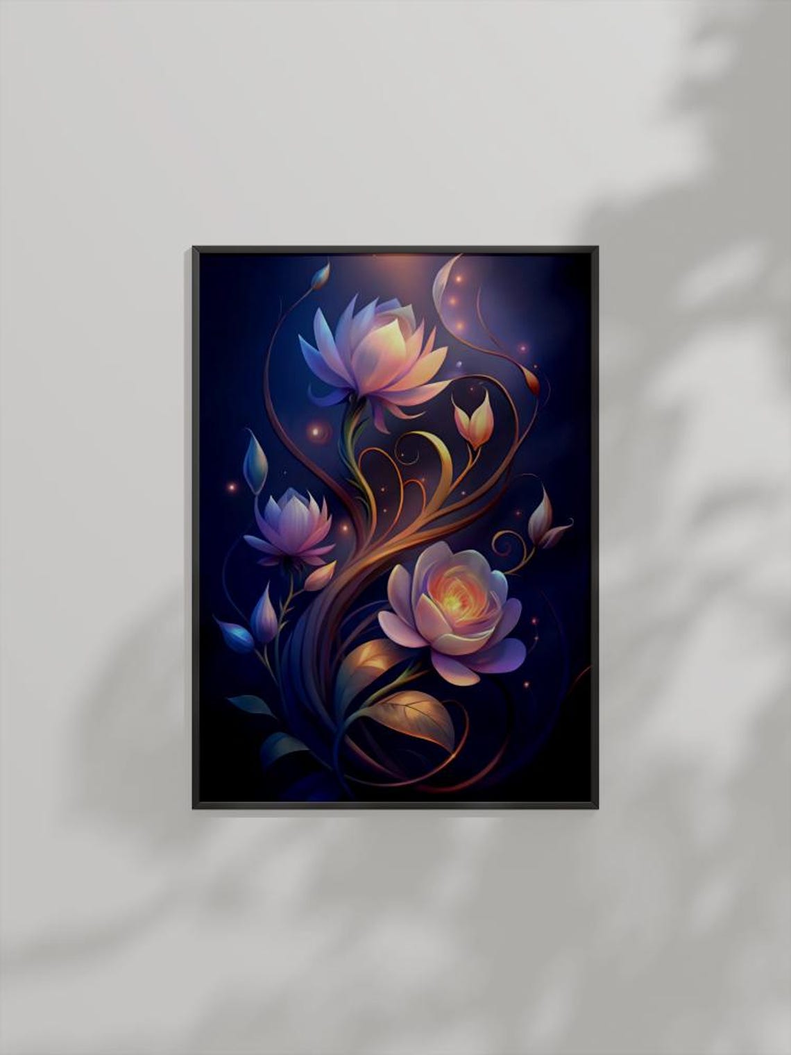 Glowing Lotus Flowers Dark Navy Magical Enchanted Botanical Poster