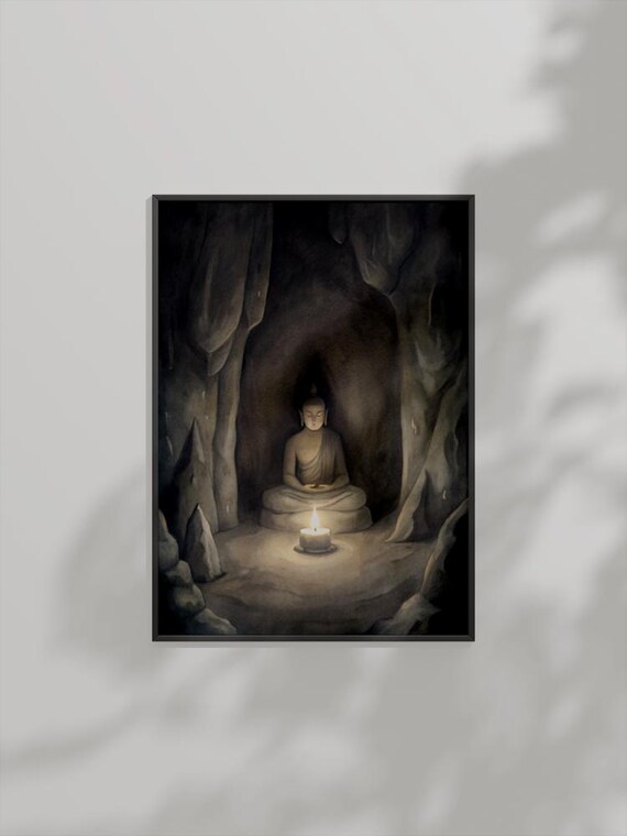 Buddha Statue Meditating In Dark Cave With Lit Candle Poster
