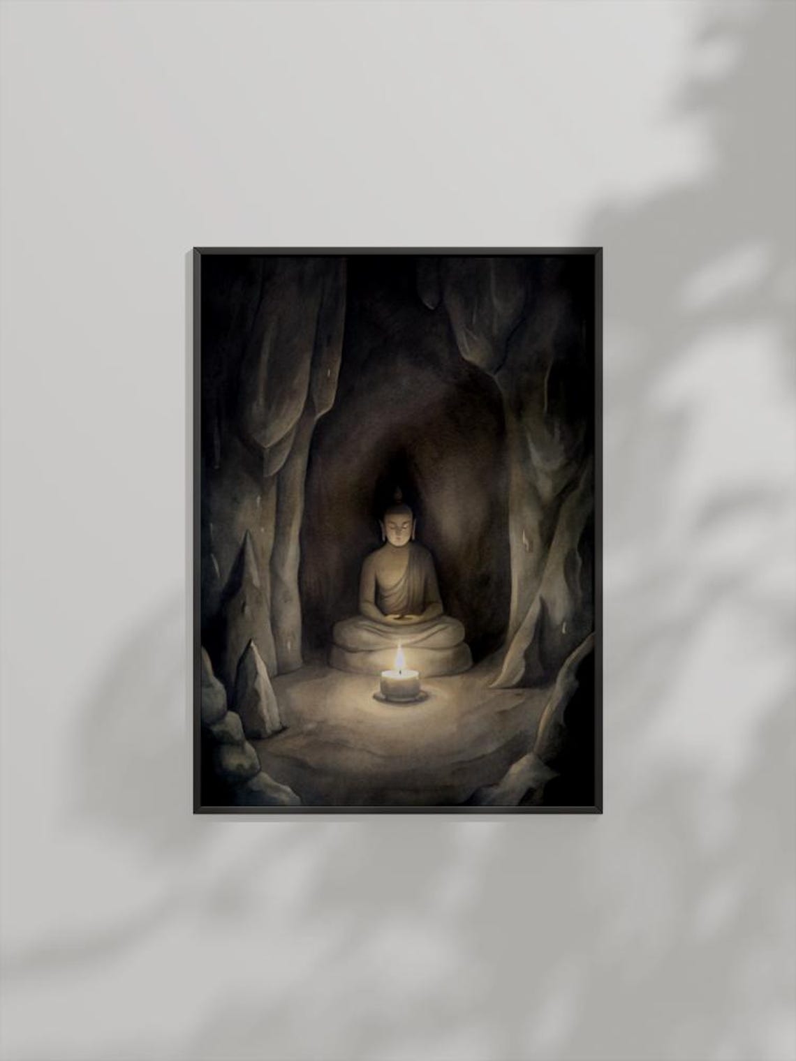 Buddha Statue Meditating In Dark Cave With Lit Candle Poster