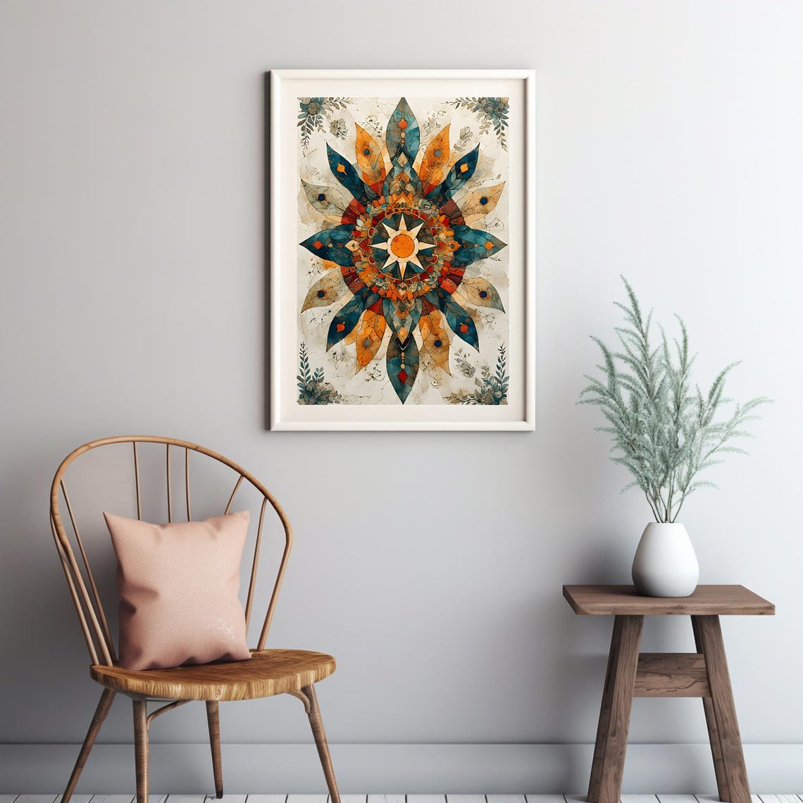Colorful Mandala Star Blue Orange Petals Intricate Boho Pattern Poster