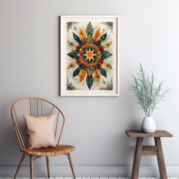 Colorful Mandala Star Blue Orange Petals Intricate Boho Pattern Poster