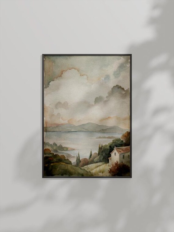 Peaceful Lakeside View Watercolor Hills Cottage Soft Clouds Poster Art