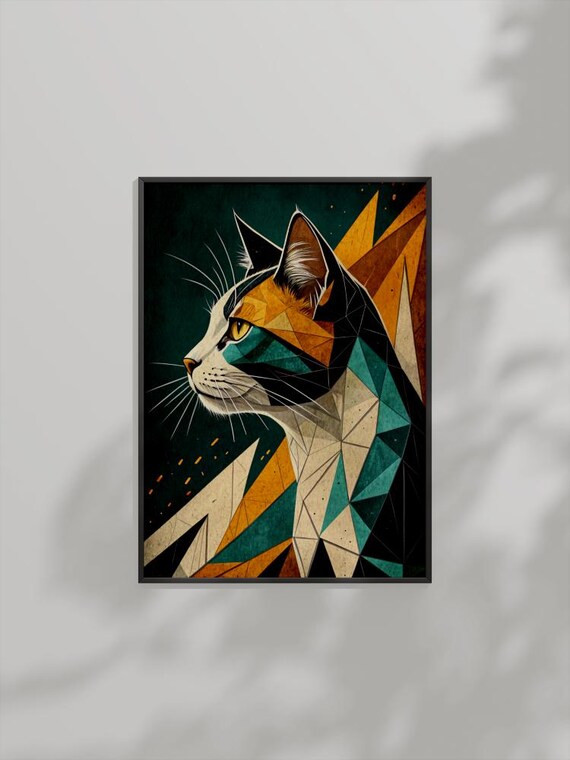 Geometric Cat Portrait Modern Polygonal Teal Gold Colorful Poster
