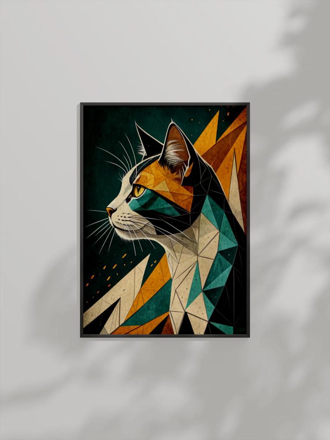 Geometric Cat Portrait Modern Polygonal Teal Gold Colorful Poster