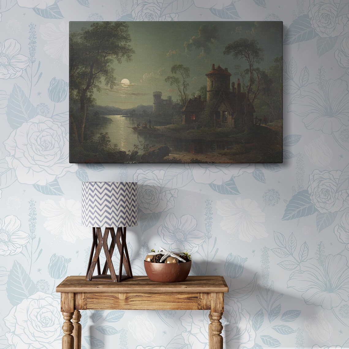 Moonlit River Scene, Vintage Landscape Art Print