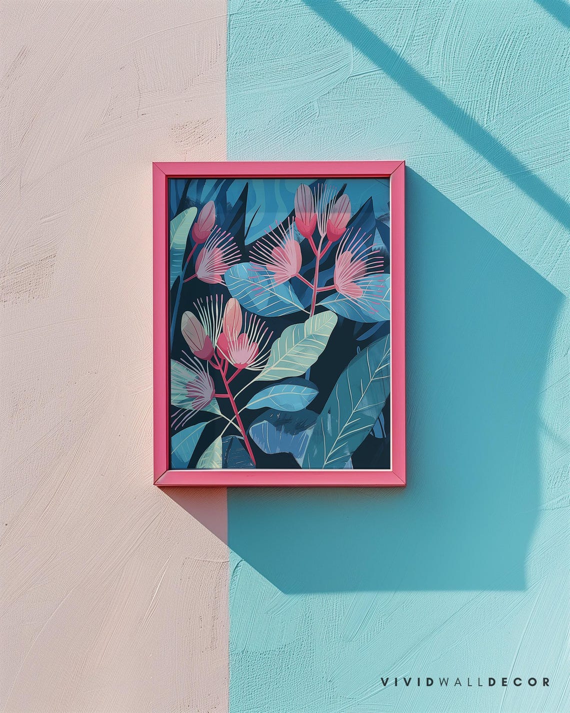 Pink Blossoms Navy Teal Modern Botanical Illustration Poster - Image 2
